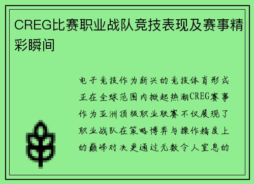 CREG比赛职业战队竞技表现及赛事精彩瞬间